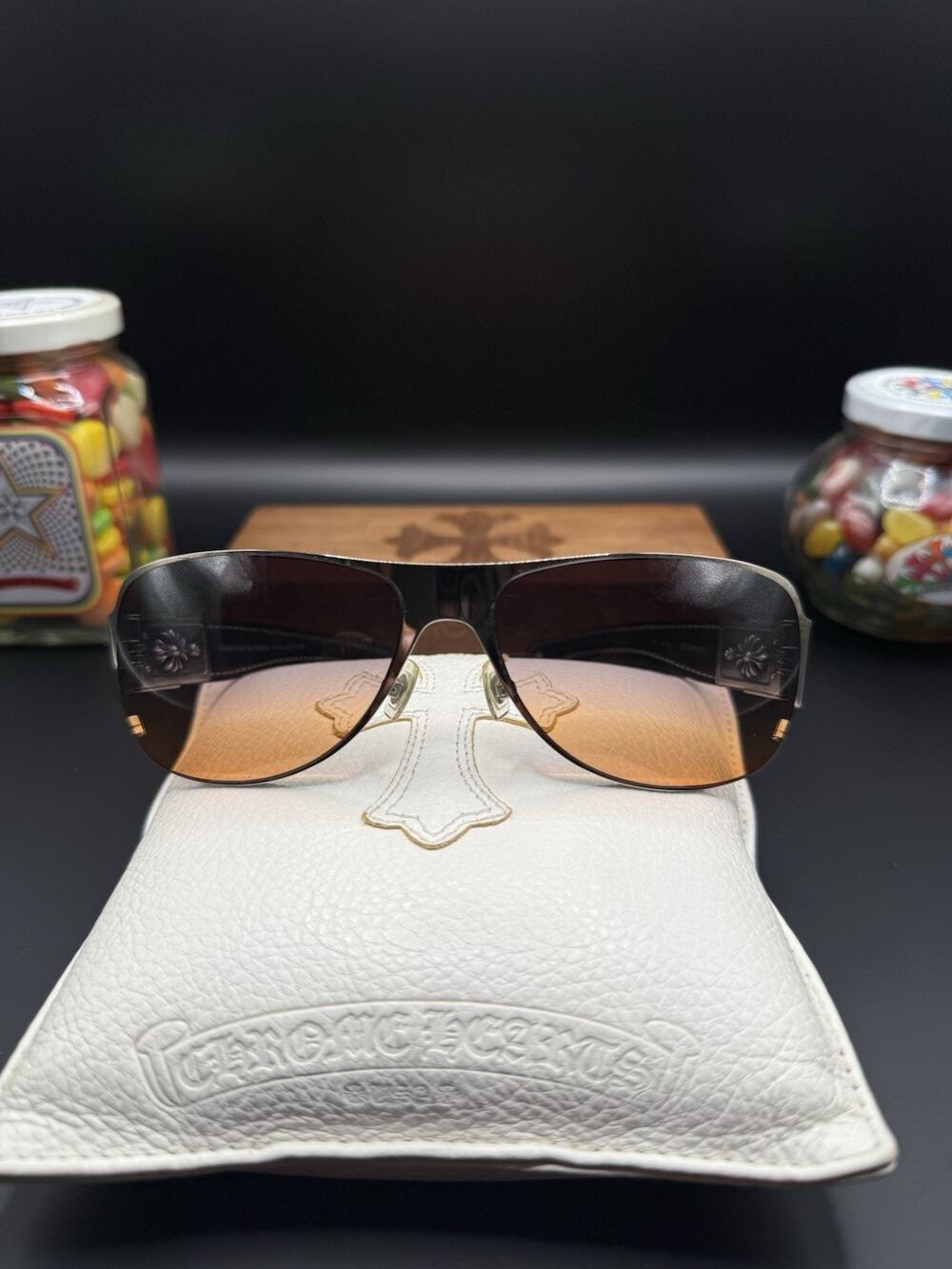 Chrome Hearts Deviant I Sunglasses Black Leather Silver Frame Japan